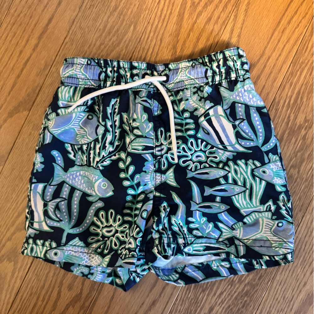 Janie and Jack Navy Blue Swim Trunks with Teal & Light Blue Fish Print